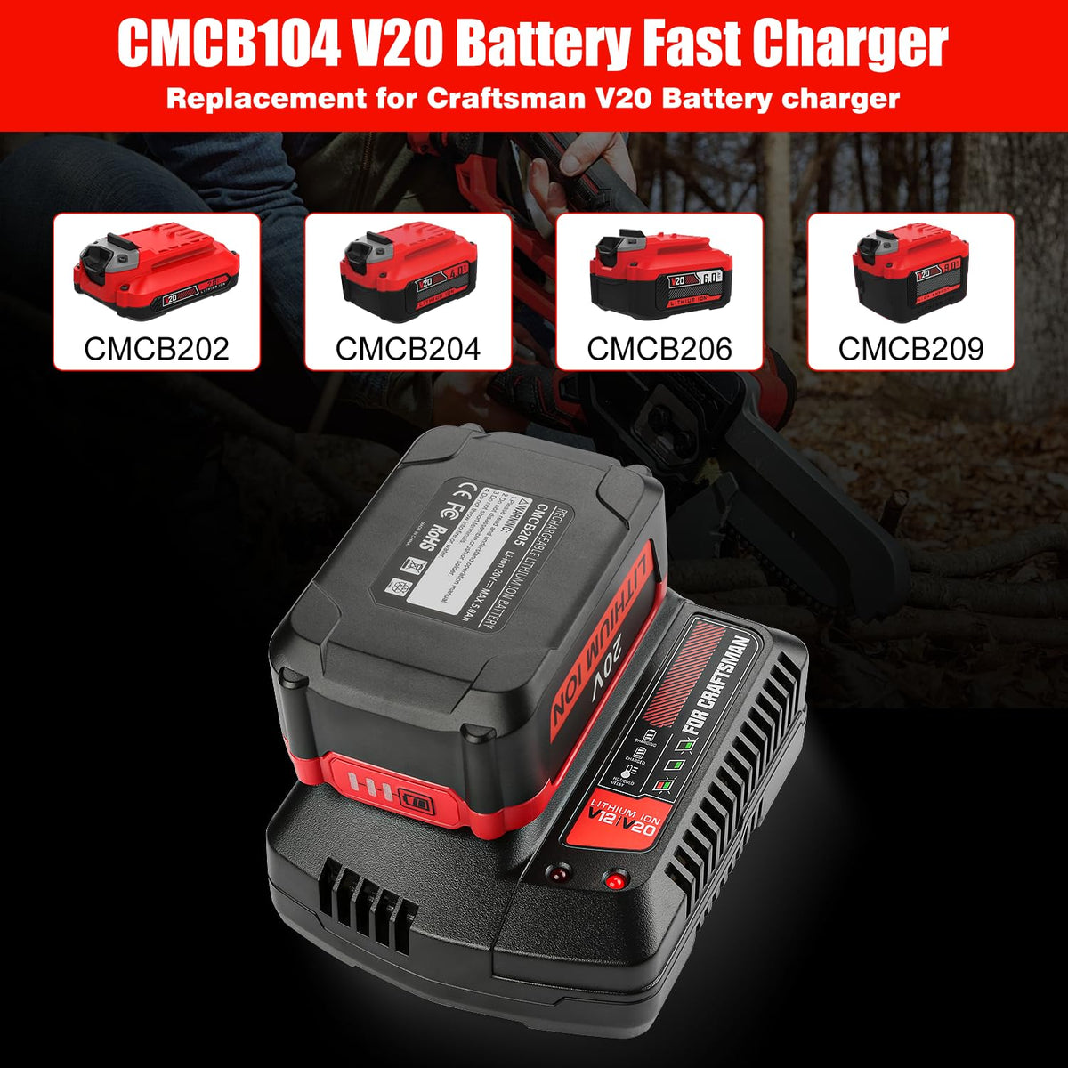 Ahomtikk CMCB104 20V charger side view highlights slim profile for tight spaces.