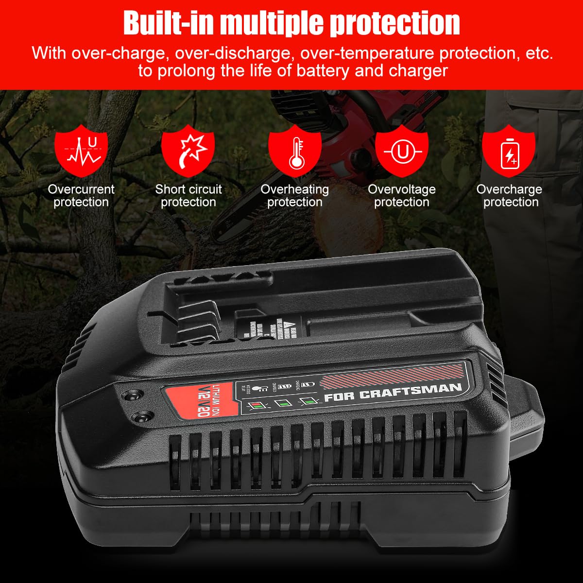 Ahomtikk CMCB104 20V charger mounted on wall demonstrates space-saving setup.