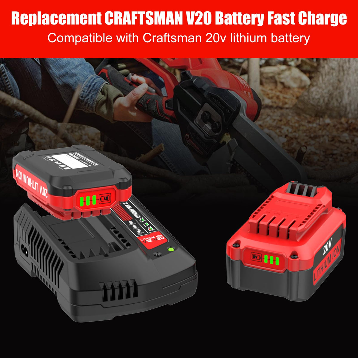 Ahomtikk CMCB104 20V charger on workbench keeps Craftsman tools ready.