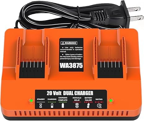 Ahomtikk WA3875 dual-port charger front view enabling fast two-battery charging.