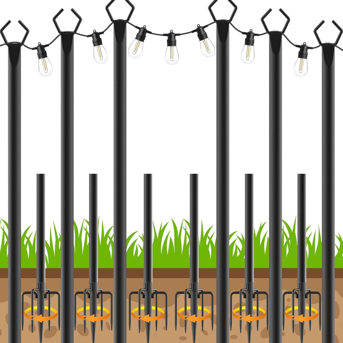 AHRLHR six-pack string light poles ready for outdoor setup