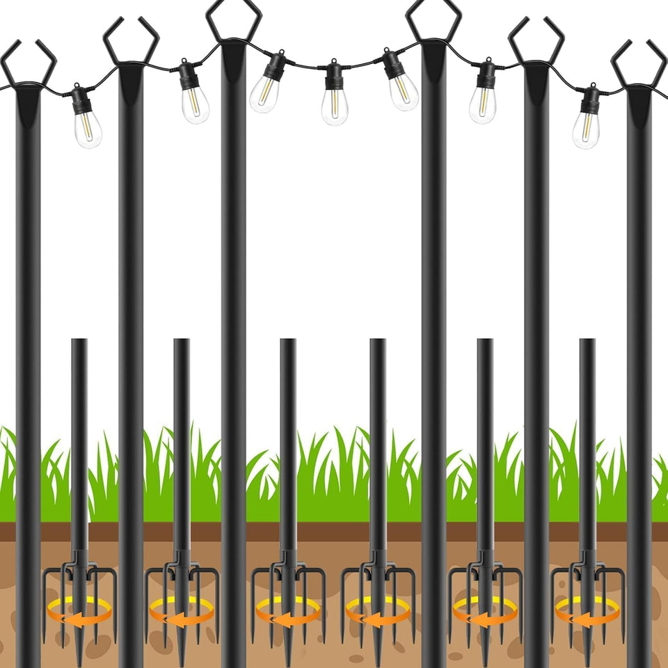 AHRLHR six-pack string light poles ready for outdoor setup