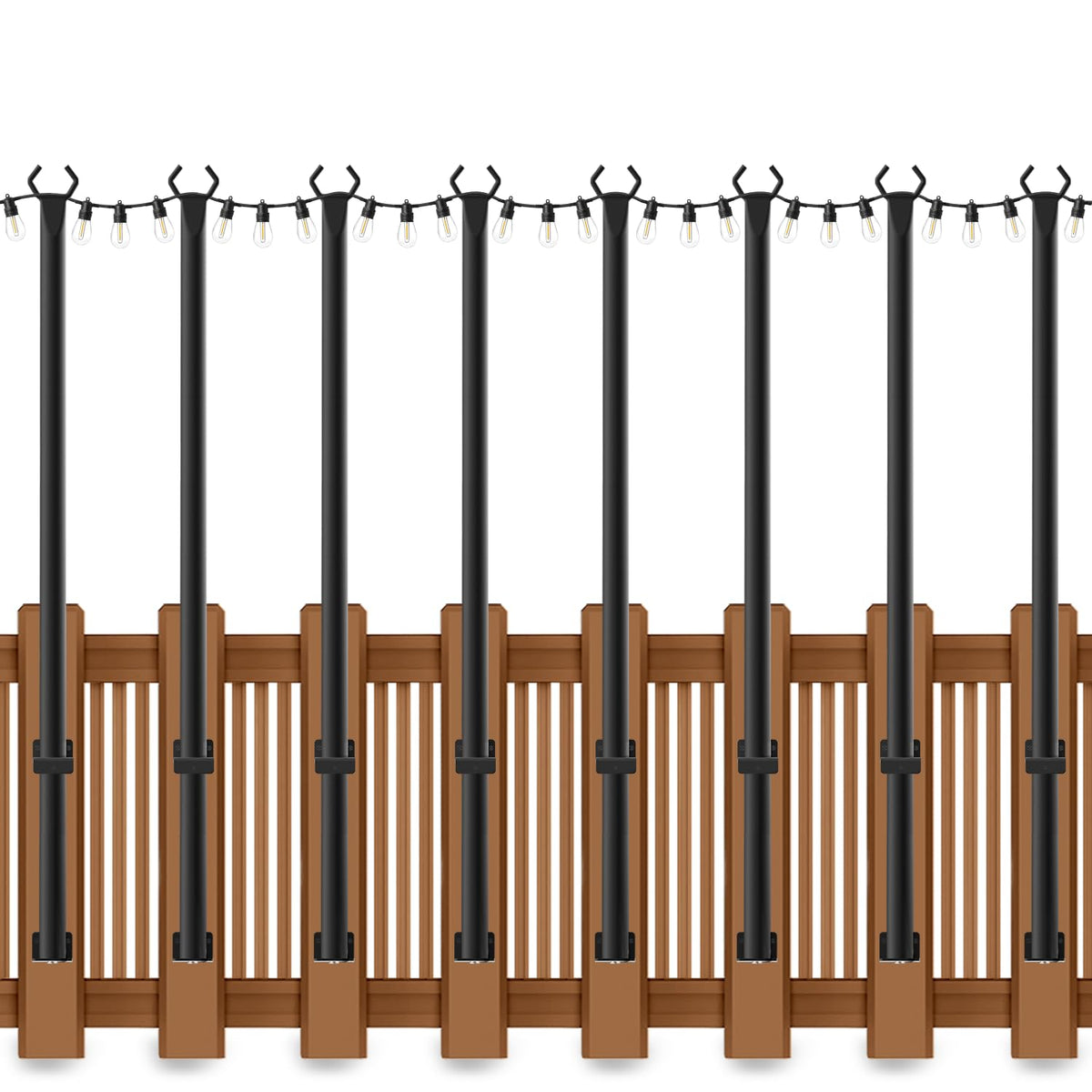 AHRLHR 8-pack string light poles on a deck creating durable outdoor ambiance.