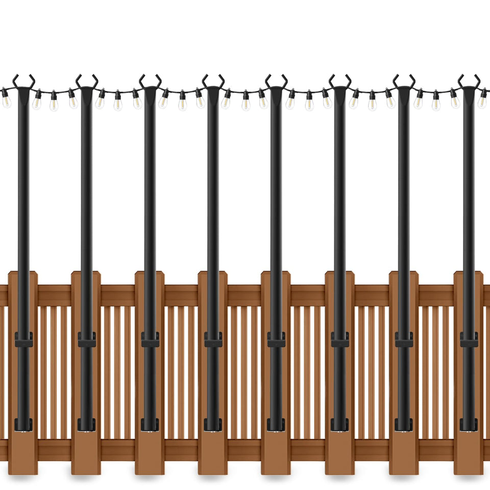 AHRLHR 8-pack string light poles on a deck creating durable outdoor ambiance.