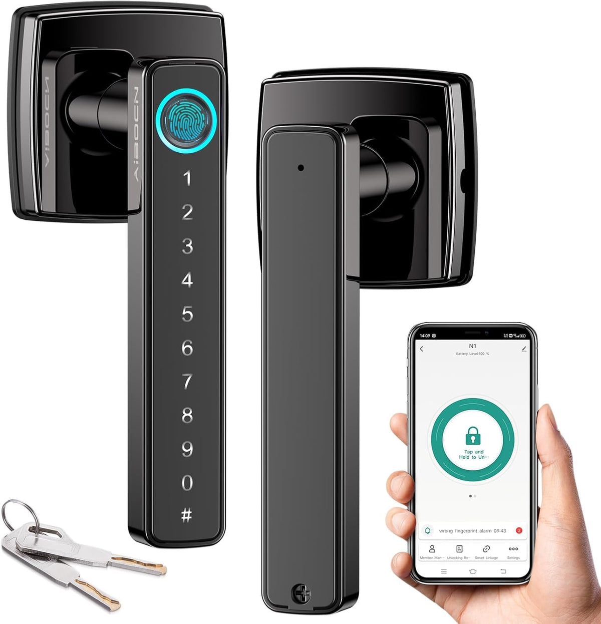 Aibocn smart lock with handle front view showing secure entry design