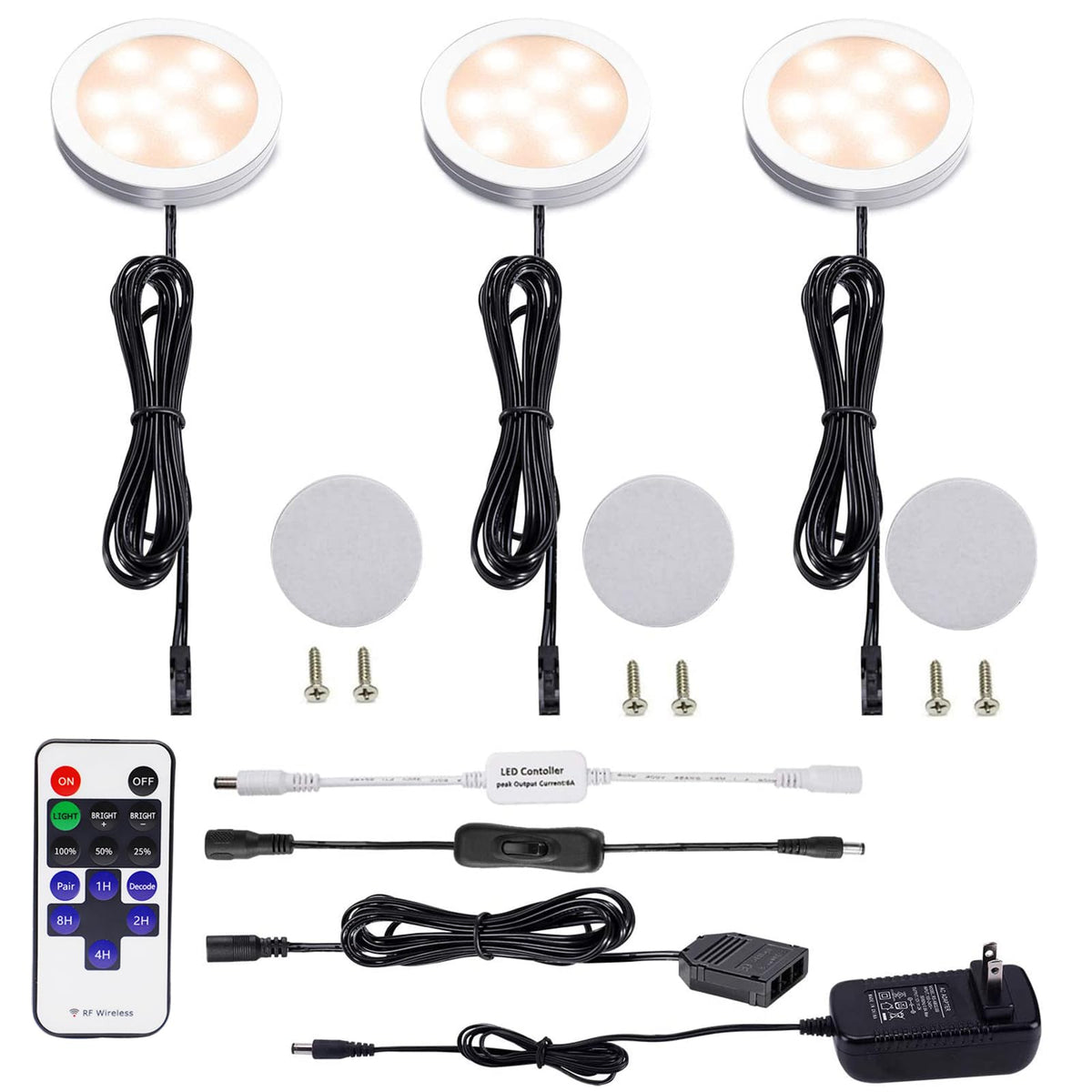 AIBOO dimmable under-cabinet puck light kit front view for kitchen lighting