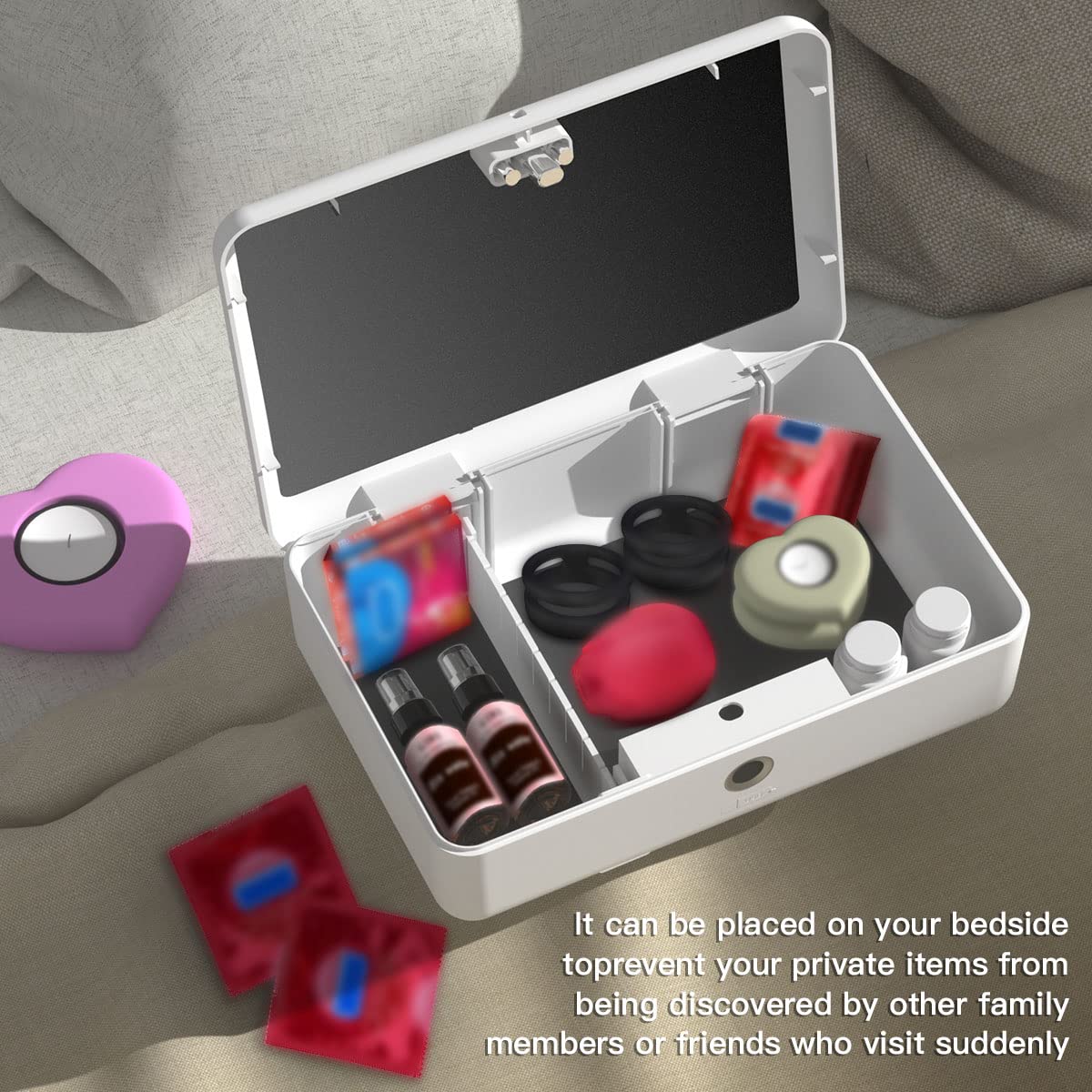 AICase compact safe on a bedside table for quick access