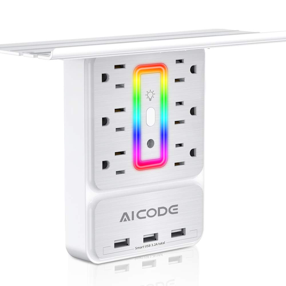 AICODE Socket Outlet Shelf front view with six outlets and USB ports for organized charging.