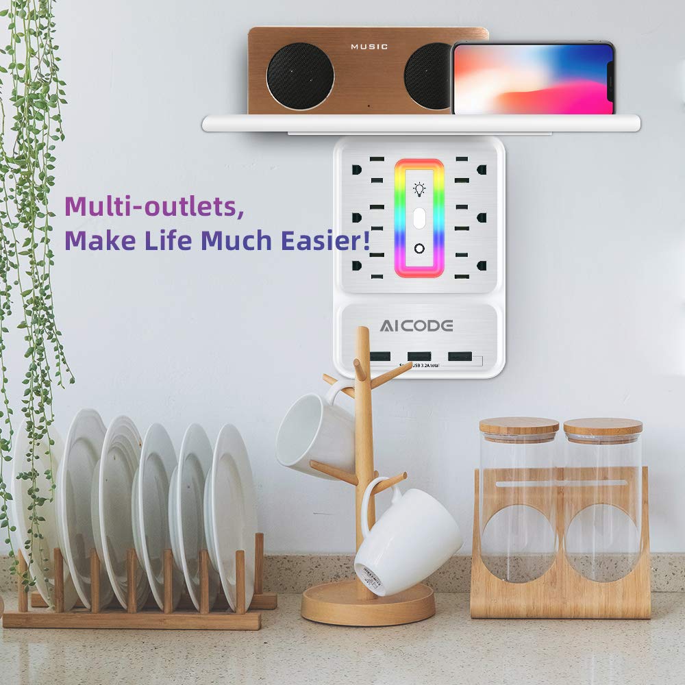 AICODE Socket Outlet Shelf surge protection safeguards connected devices during power events.