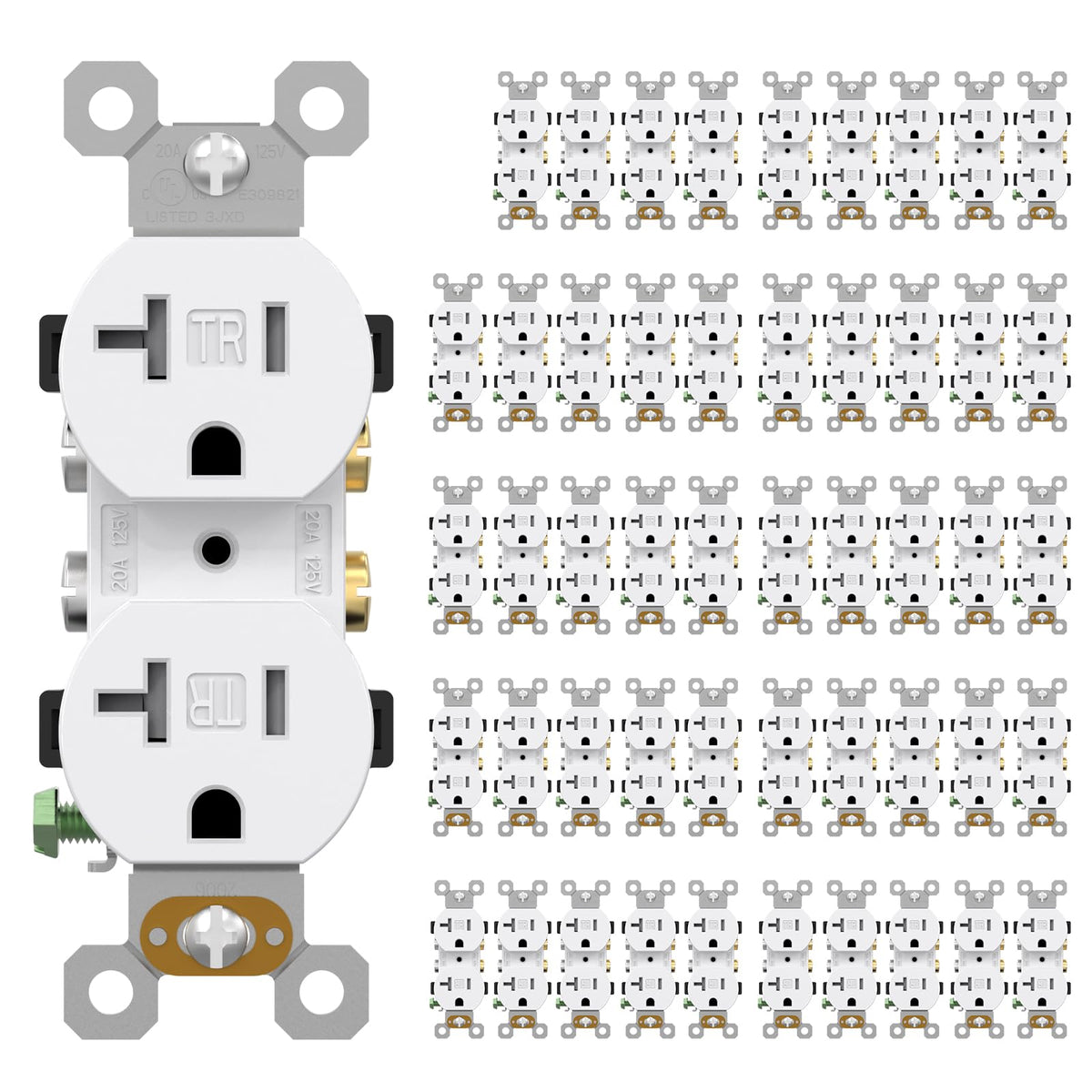 AIDA 20-amp outlet front view with tamper-resistant protection.