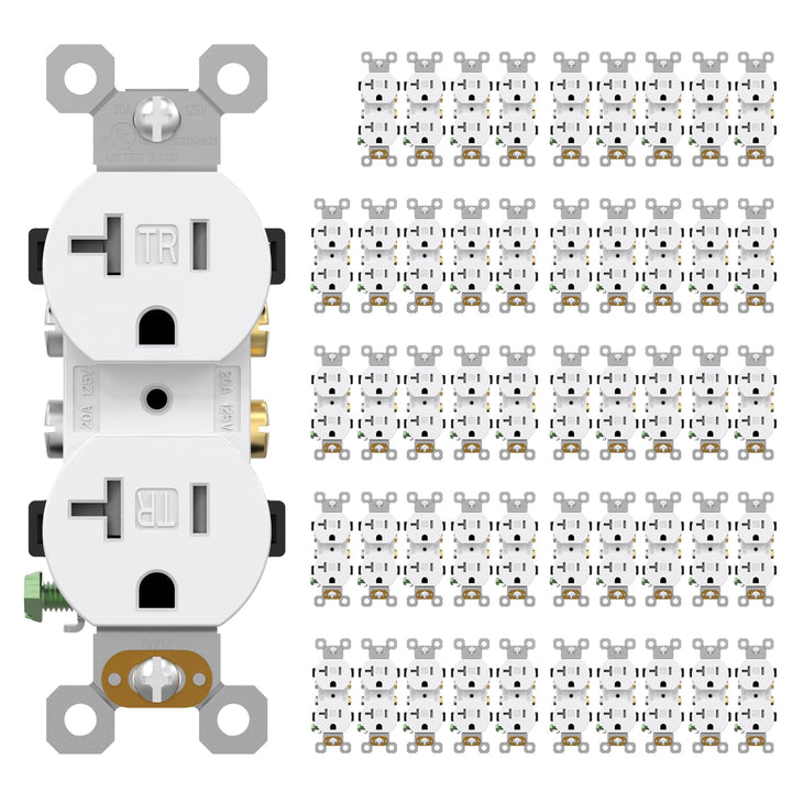 AIDA 20-amp outlet front view with tamper-resistant protection.
