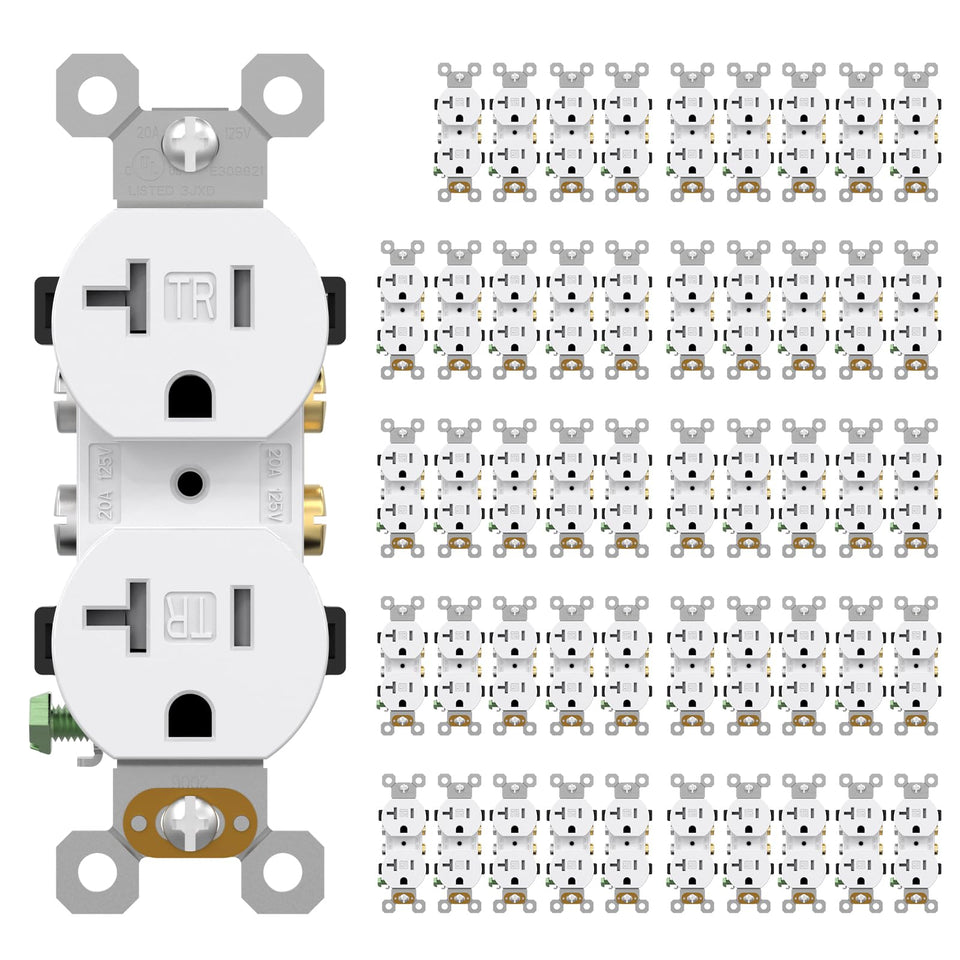 AIDA 20-amp outlet front view with tamper-resistant protection.