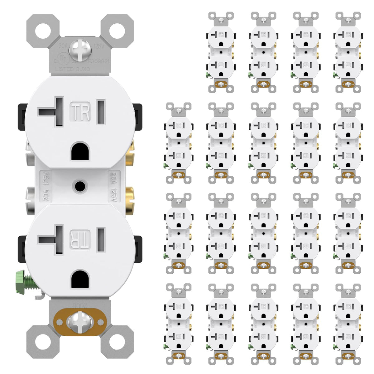 AIDA 20 Amp duplex outlet front view shows a sleek, durable design for modern spaces.
