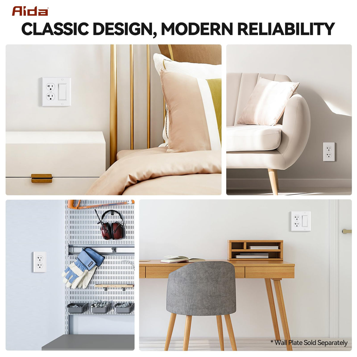 AIDA residential-use duplex outlet ideal for renovations and upgrades with a sleek look.
