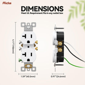 AIDA self-grounding clip on duplex outlet aiding simple mounting in metal boxes.