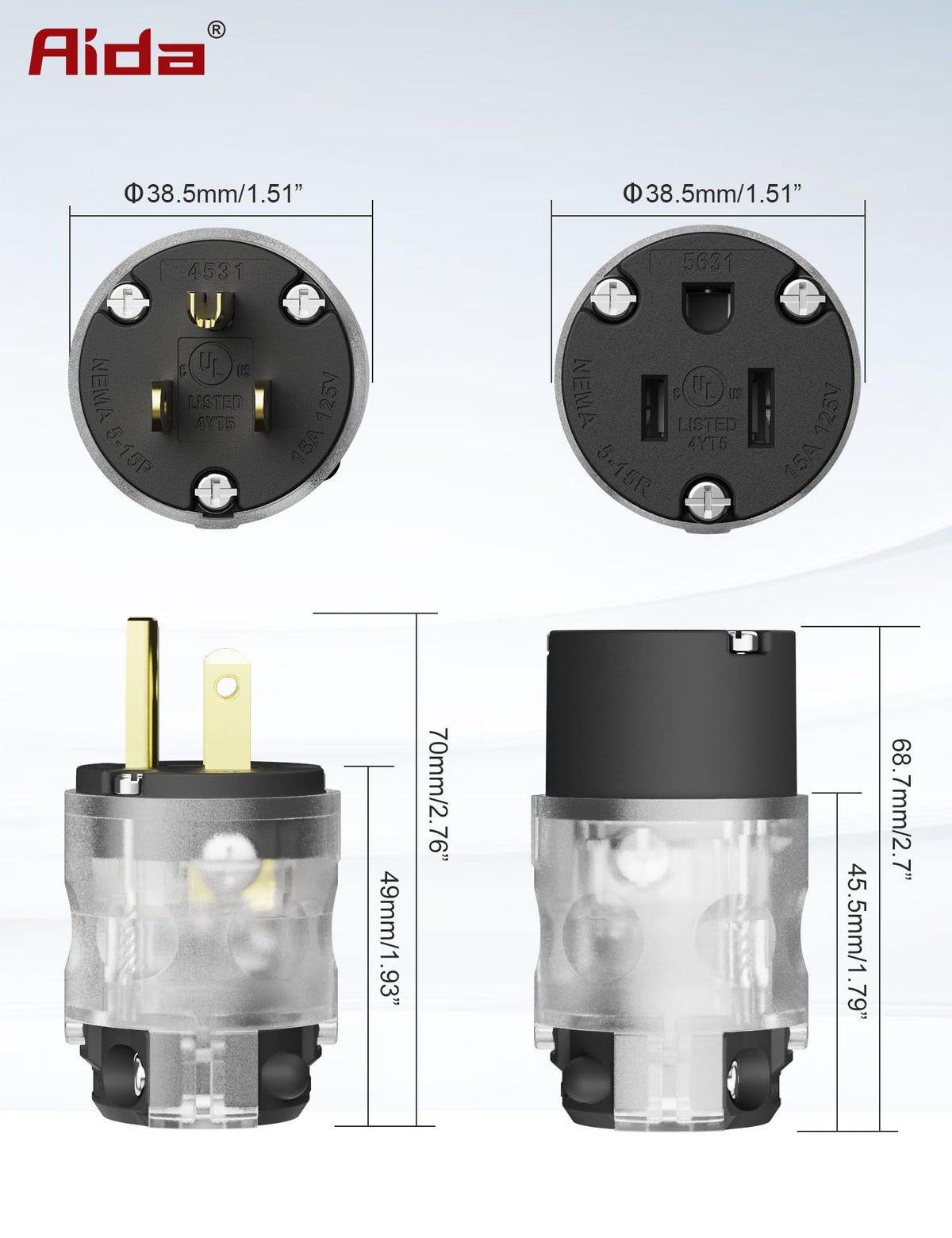 AIDA black NEMA 5-15P and 5-15R assembly enables versatile, safe connections.