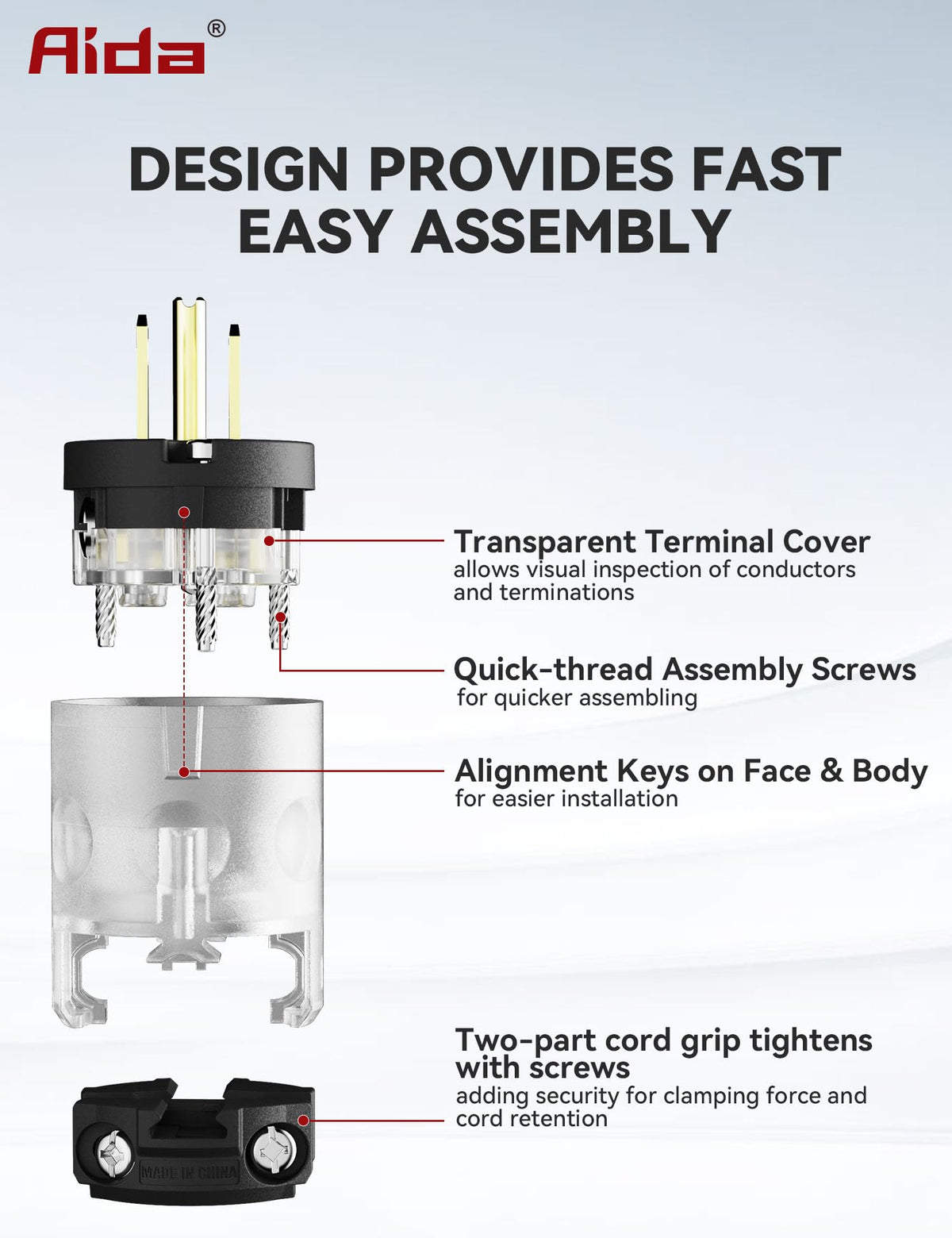 AIDA brass single-piece contacts ensure low resistance and reliable conductivity.