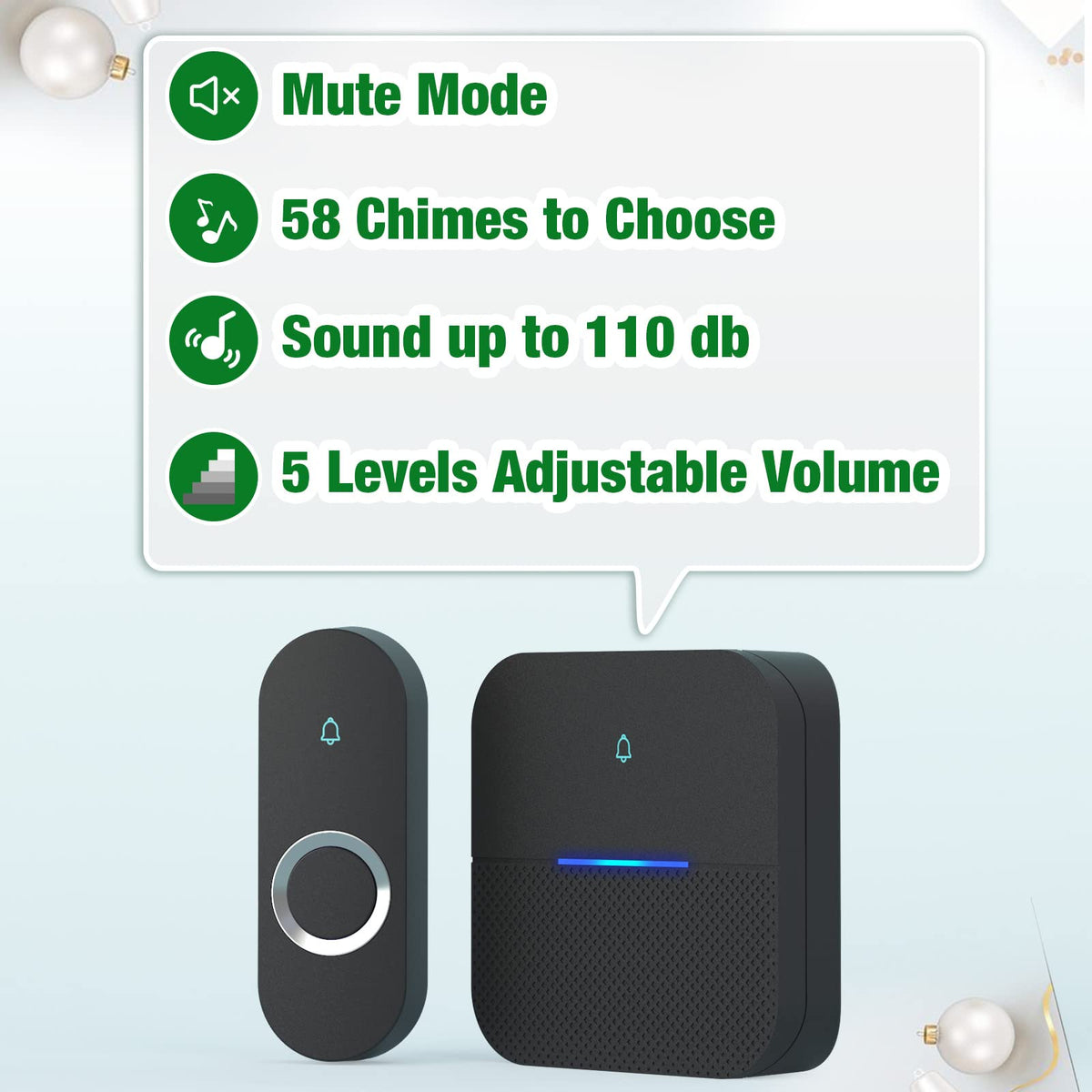 AIDA doorbell transmitter button closeup highlights weatherproof, battery-powered operation.