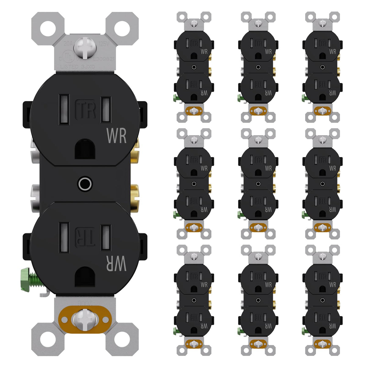 AIDA 15A duplex weather-resistant outlet suitable for indoor and outdoor use.