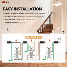 AIDA residential-grade 15A label on switch, reliable everyday power handling