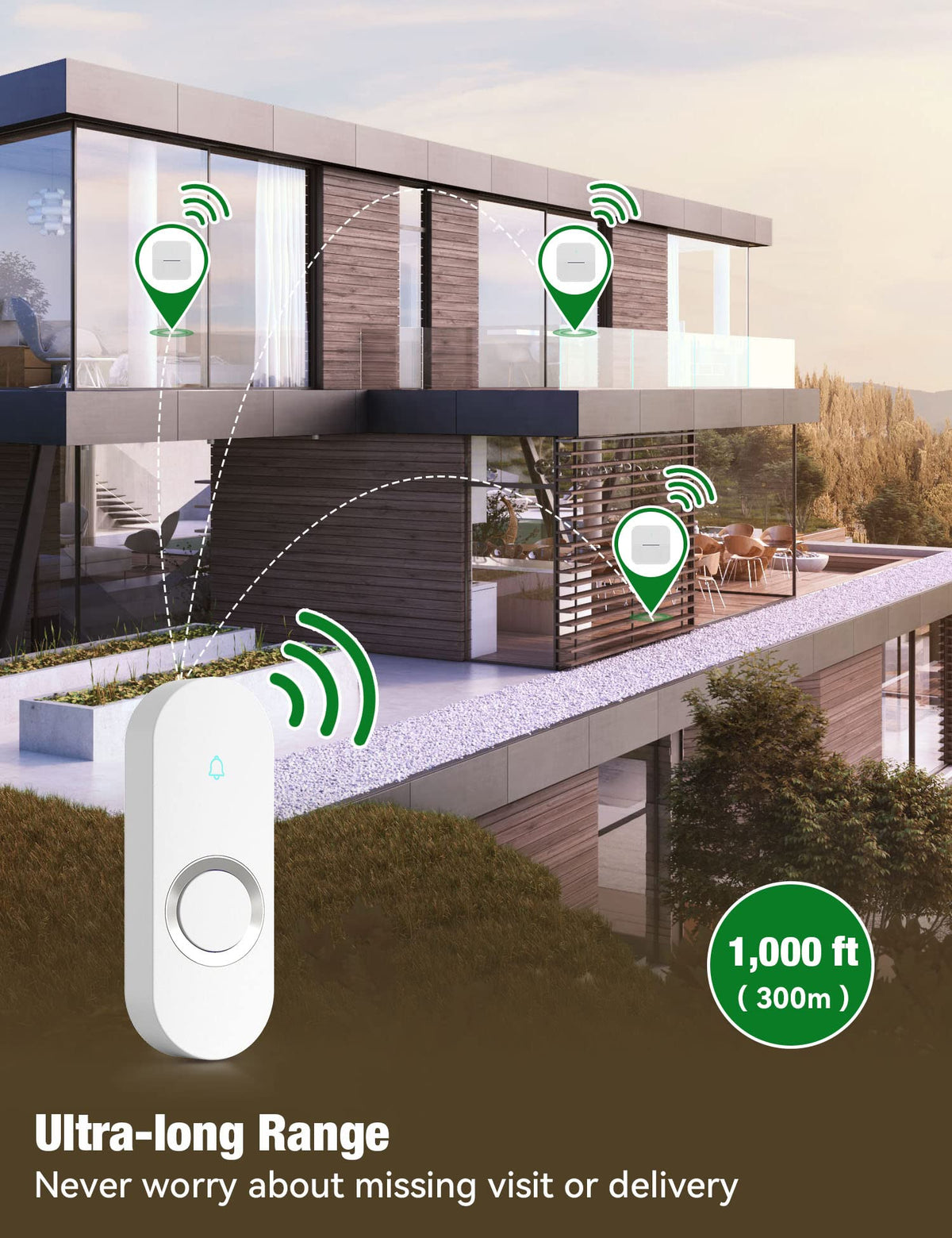 AIDA IP55 waterproof wireless doorbell button withstands rain and snow at the doorstep.