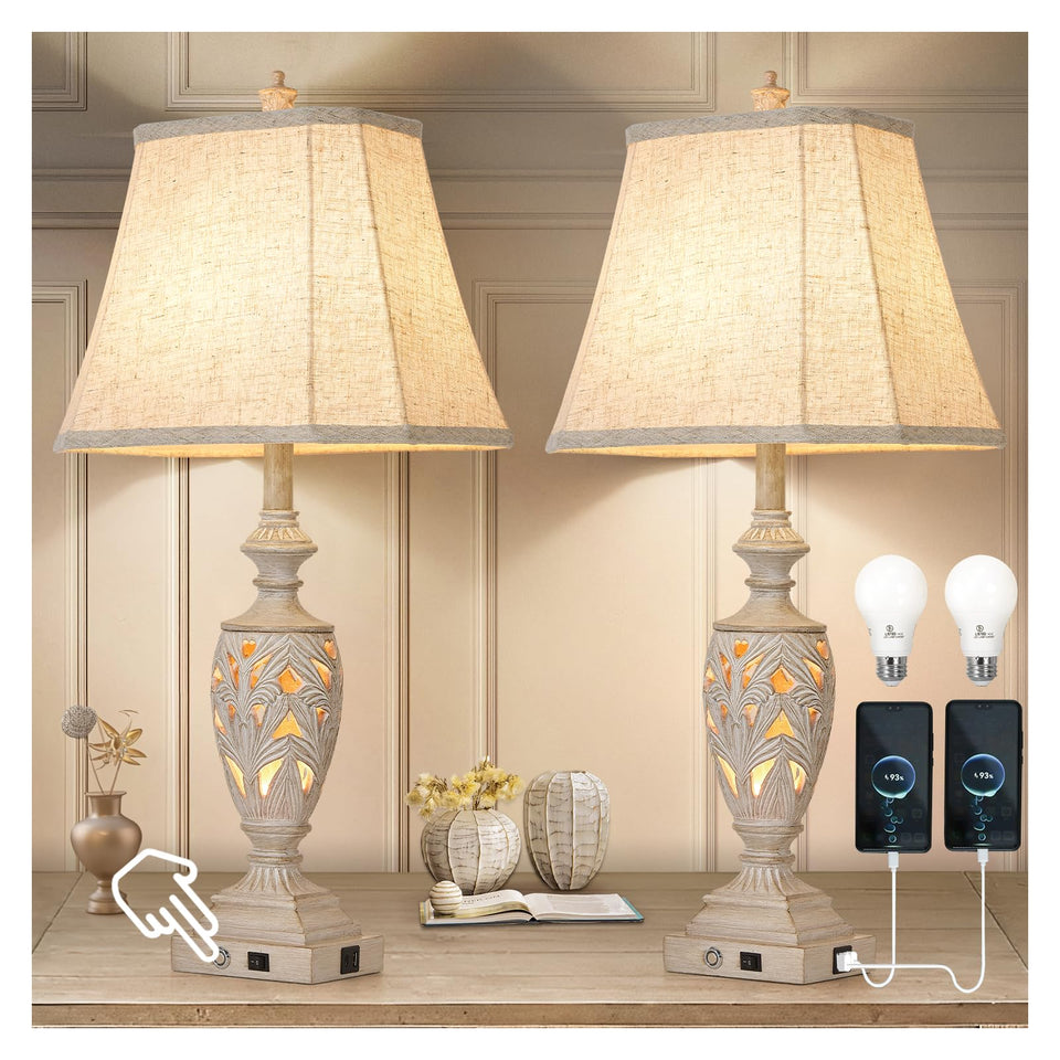 AIDENOEY traditional table lamp 2-pack with leaf-detail base creates warm rustic ambience.