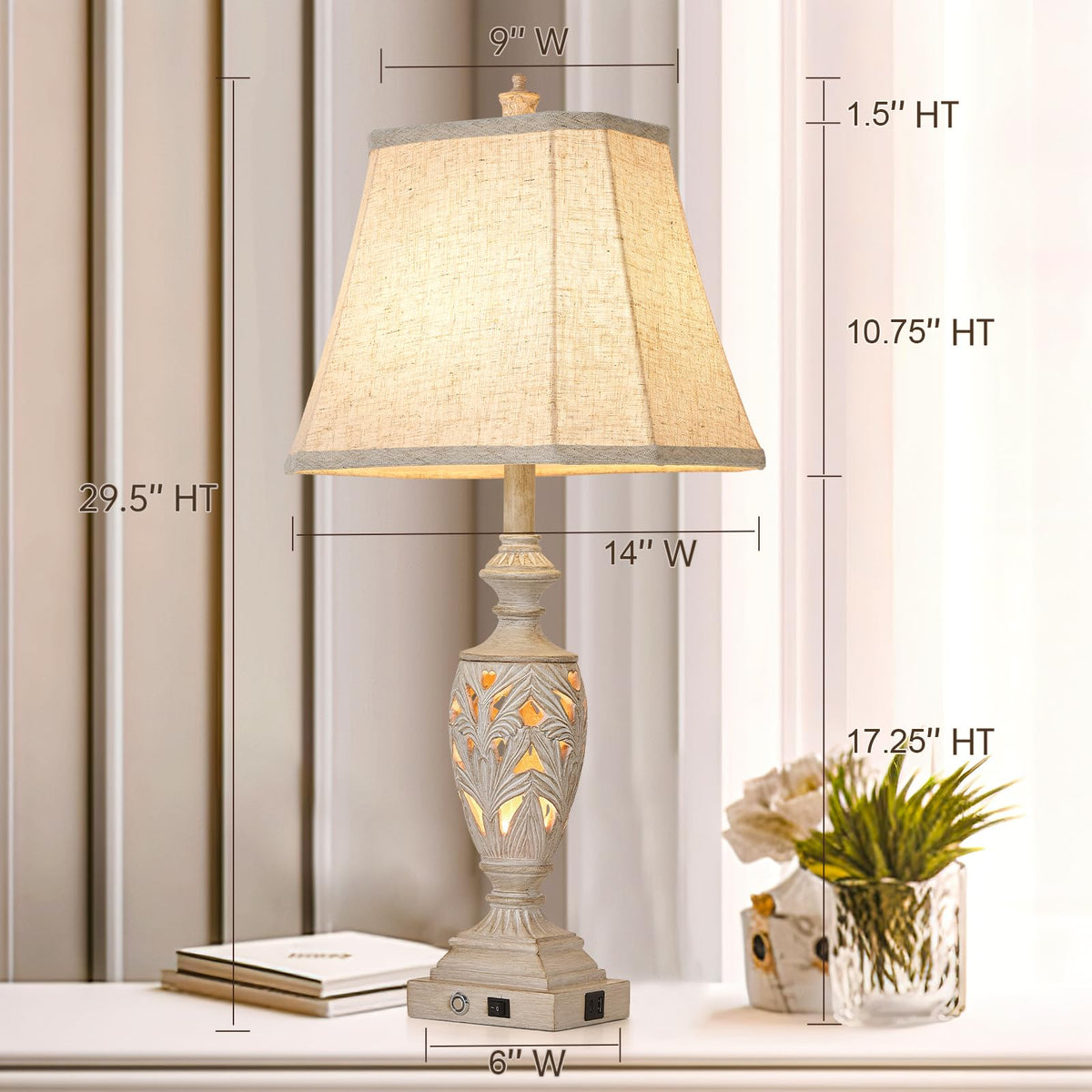 AIDENOEY table lamp shows dual USB ports for charging.