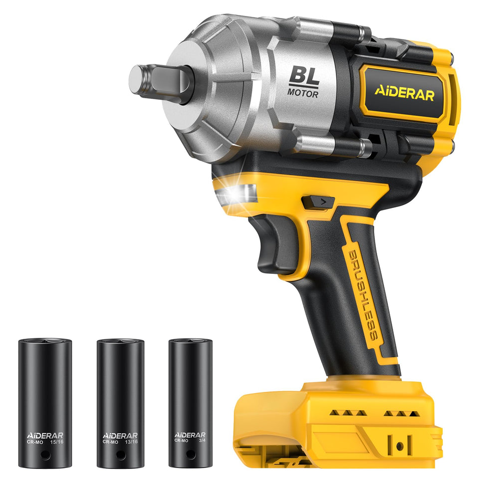 AIDERAR 20V cordless impact wrench showing torque range for heavy bolts.