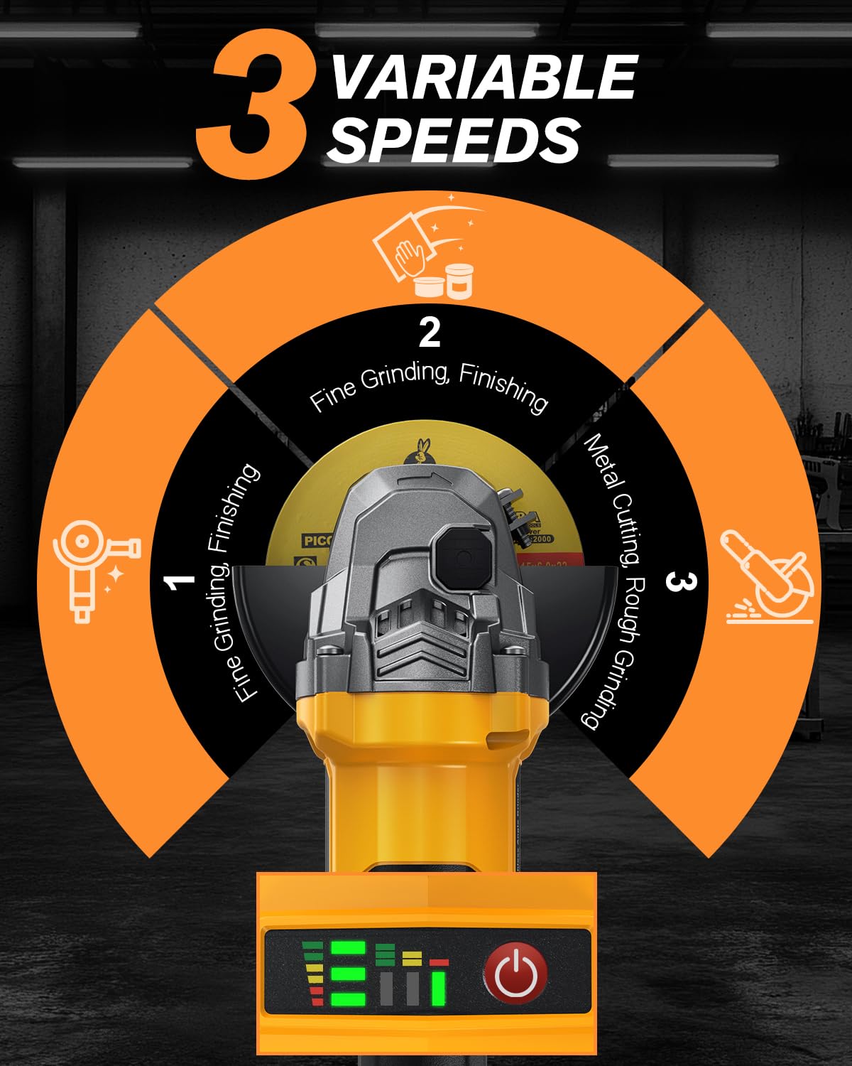 AIDERAR 3-speed control enables grinding, sanding, and cutting versatility.