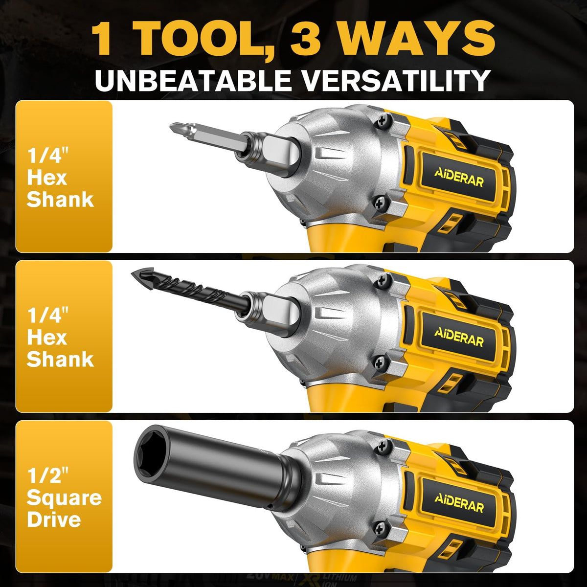 AIDERAR wrench showing 1/2-inch drive and 1/4-inch hex chuck for versatility