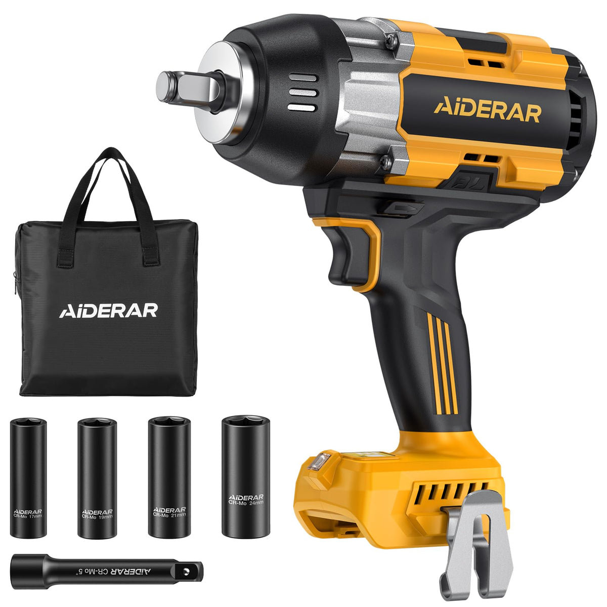 AIDERAR Impact Wrench demonstrating 1697 ft-lbs torque for heavy-duty fasteners.