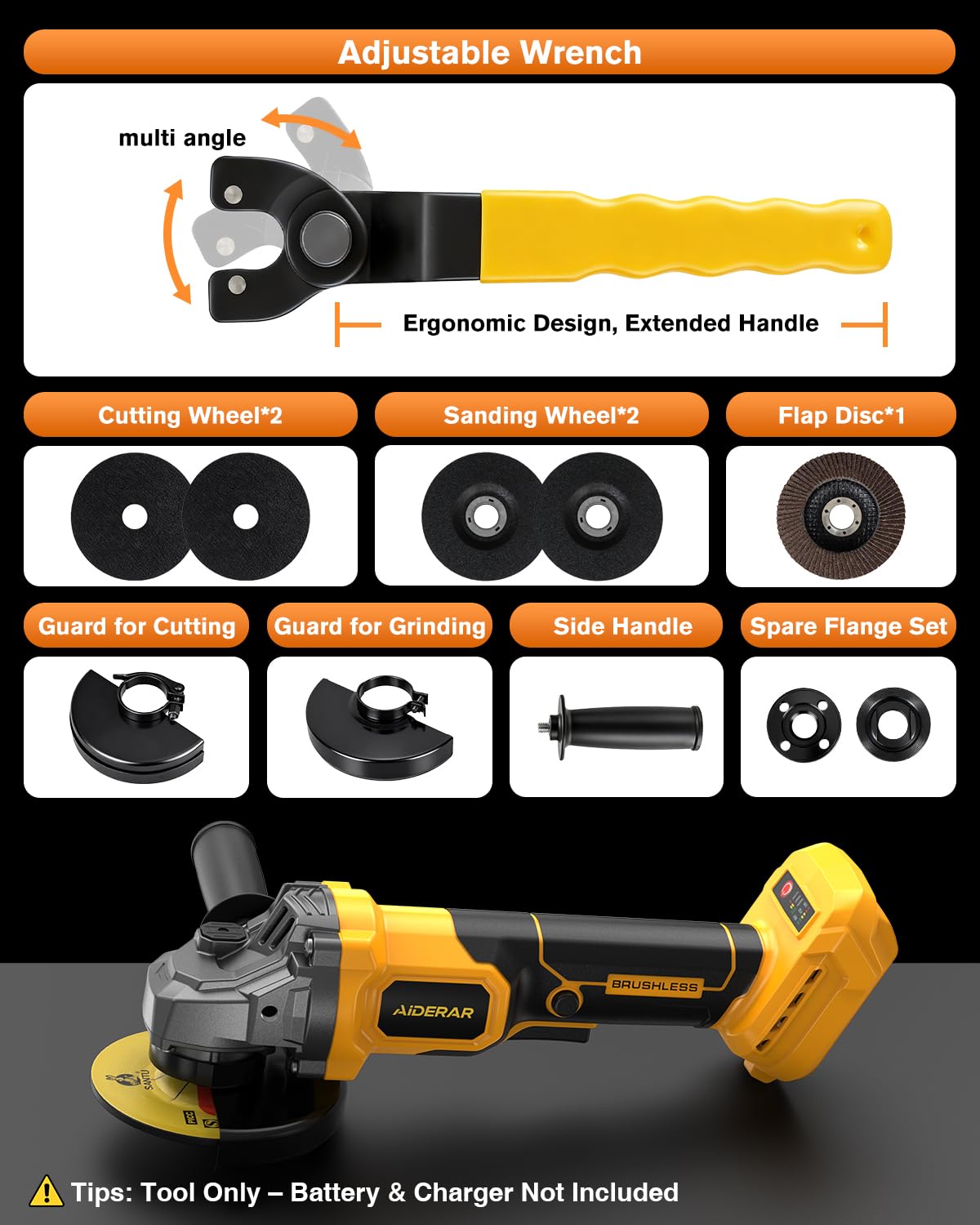 AIDERAR two metal guards highlight safer grinding and cutting.