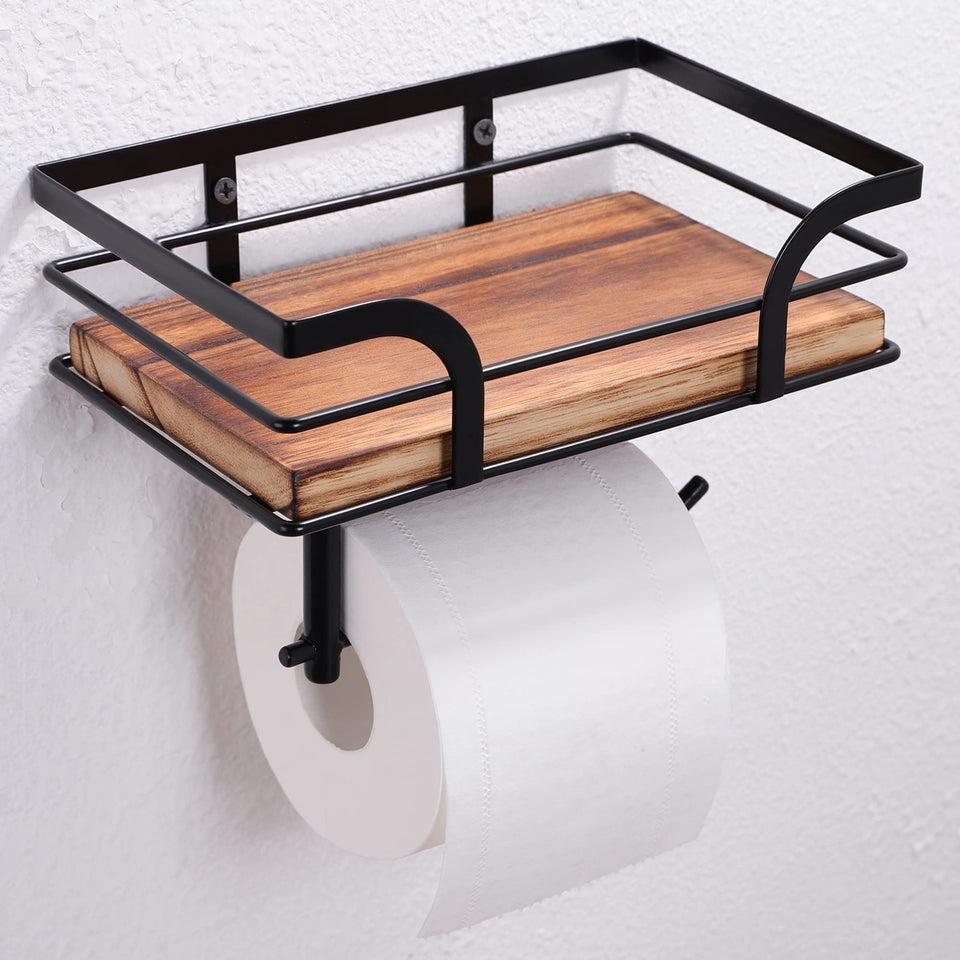 AIDILI rustic farmhouse toilet paper holder with shelf in black metal, durable and space-saving.