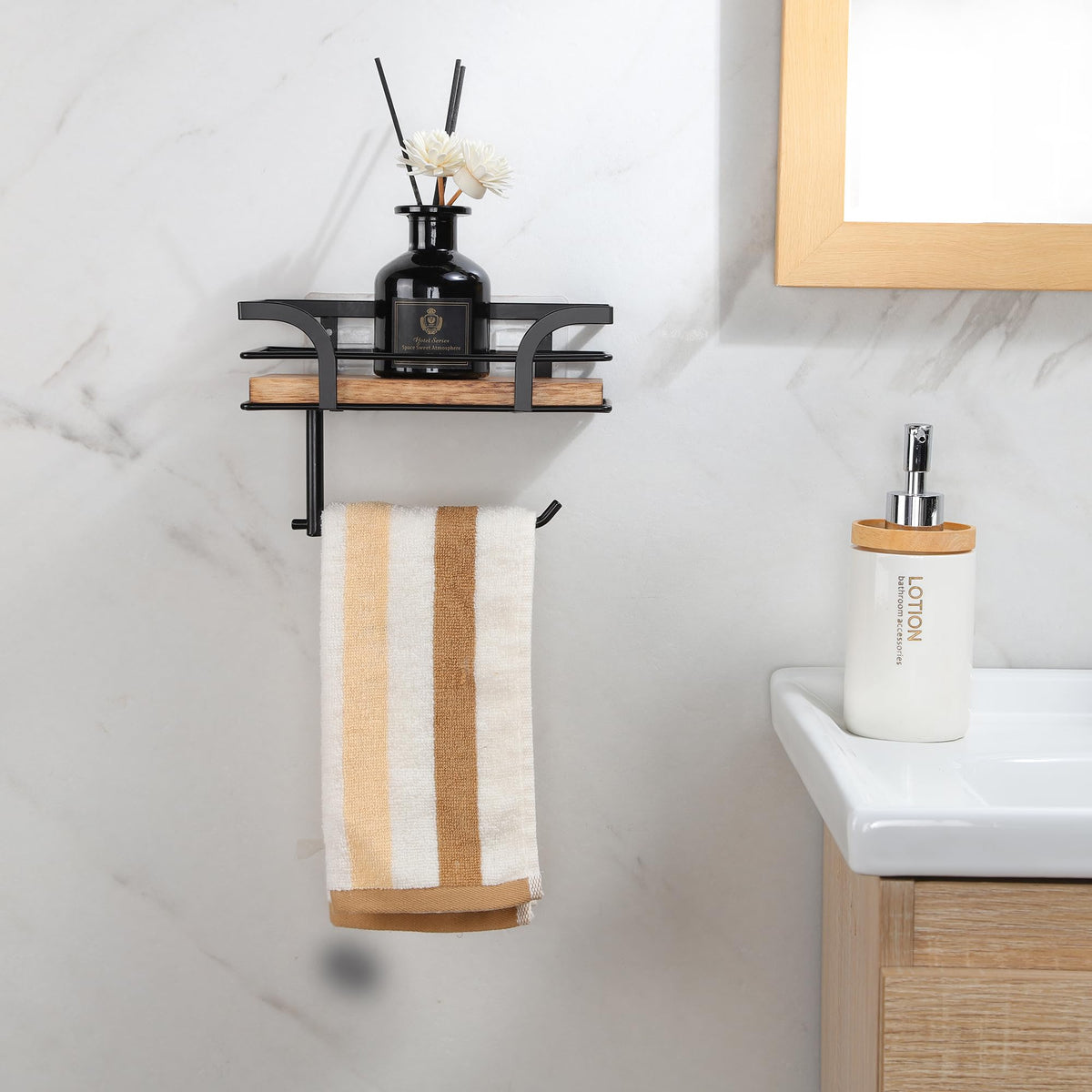 AIDILI warm brown wood shelf contrasts with black metal for visual appeal.