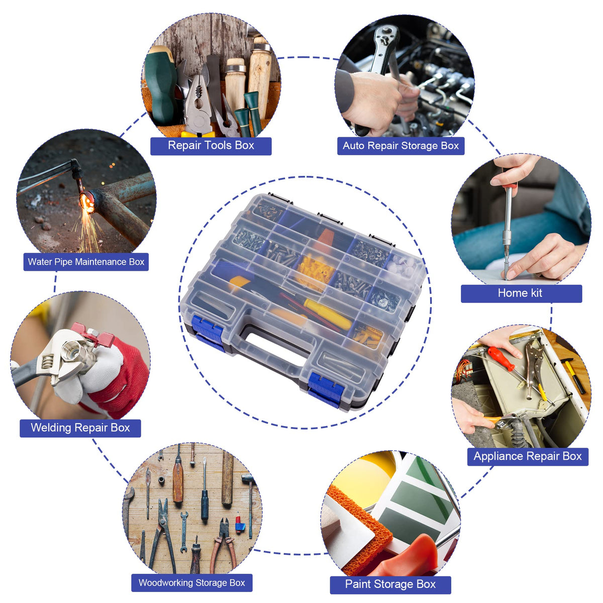 AIDY-PRO double-sided toolbox showing removable dividers to customize storage for screws and bolts