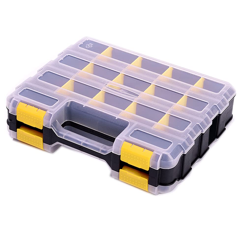 Aidy-Pro Hardware Organizer with open lid showing 34 compartments for quick part access.