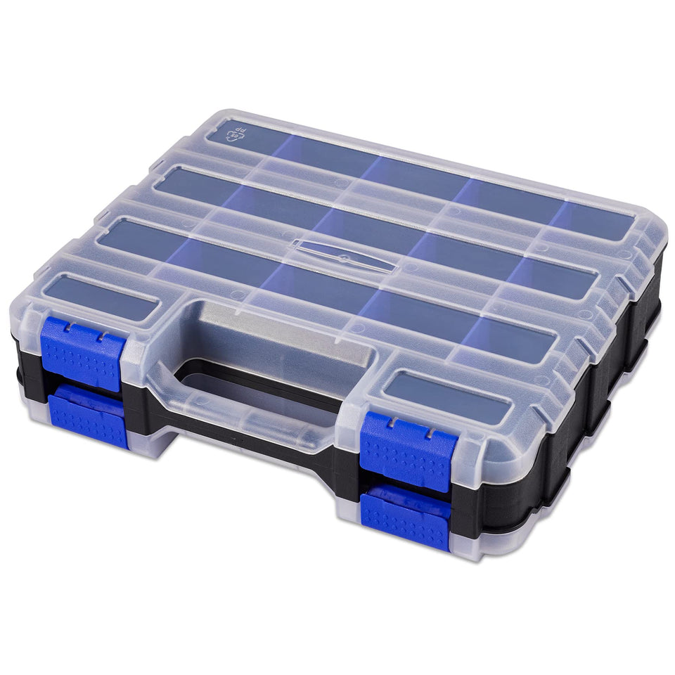 AIDY-PRO hardware organizer box with 34 compartments and clear lid for fast part identification