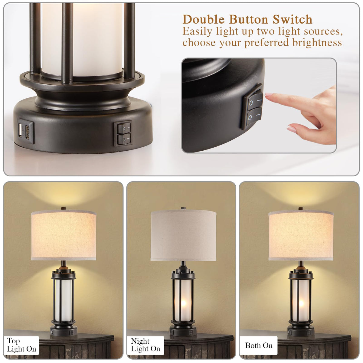 AIEAMPDO linen shade lamp featuring frosted glass night light for calm evenings.