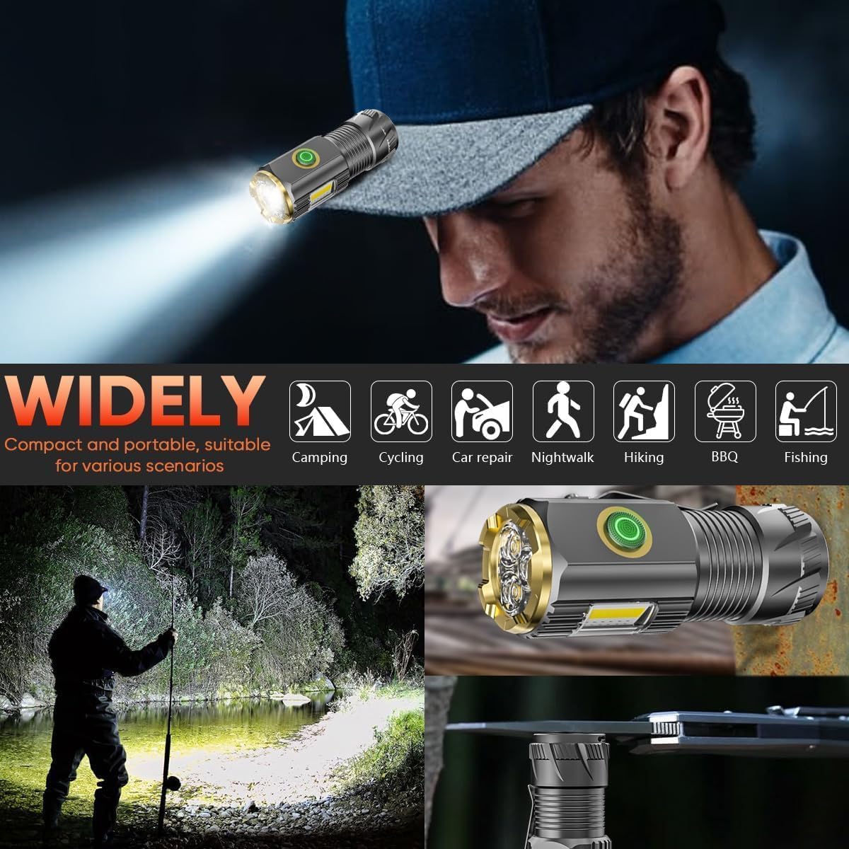 AIERSEN six-modes LED flashlight offering versatile lighting for camping and hiking.