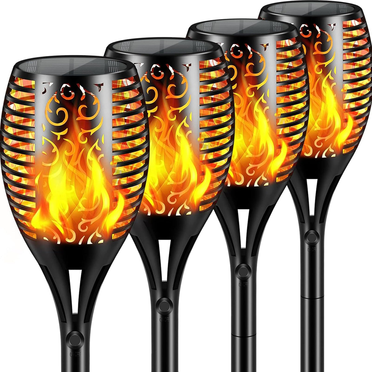Aigleya Solar Flame Torch stake glowing warm with 99 LEDs along a garden path at night.