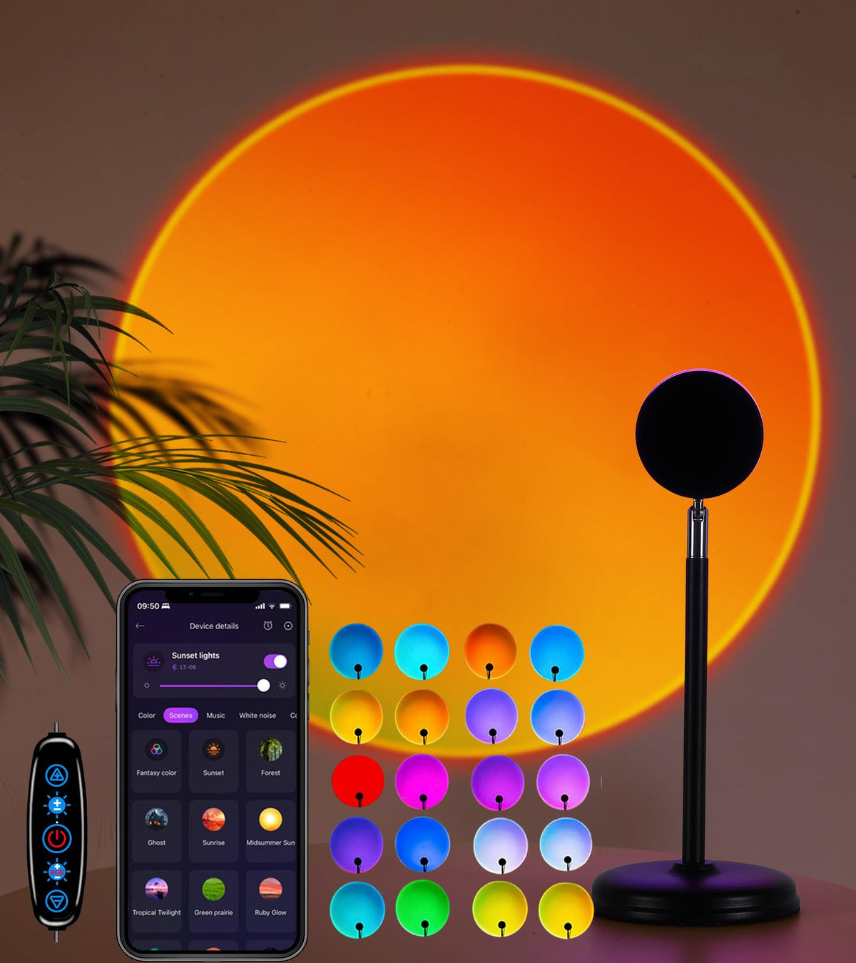 AIHYING Sunset Lamp Projector with 360° rotatable head projecting warm sun glow on walls and ceilings.