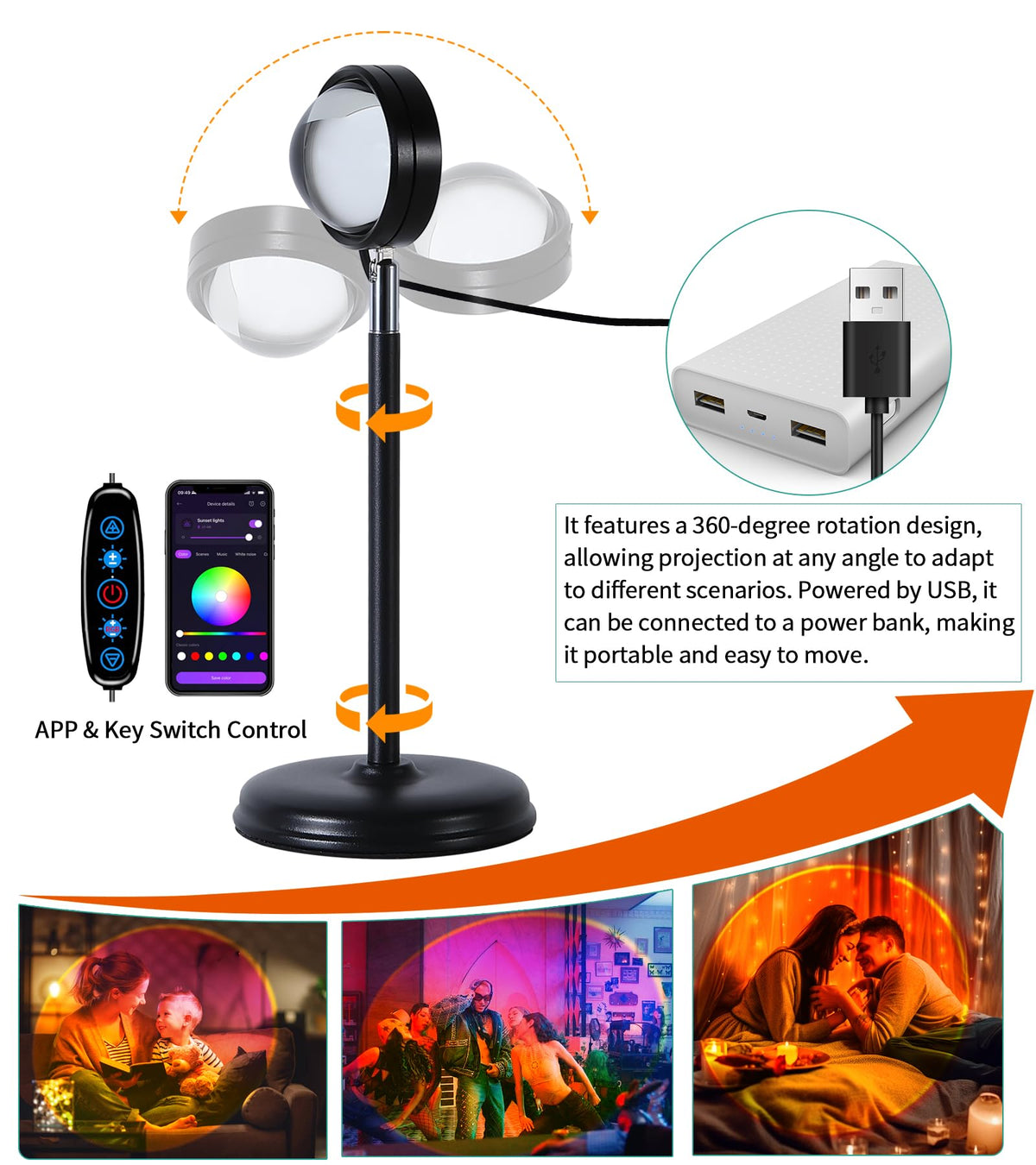 AIHYING Sunset Lamp projects rainbow effects on walls, ceilings, or curtains.