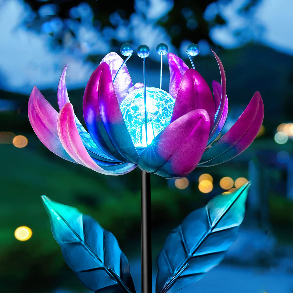 AIINY Solar Purple Metal Flower Wind Spinner with rotating petals for dynamic garden art