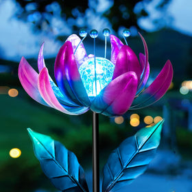 AIINY Solar Purple Metal Flower Wind Spinner with rotating petals for dynamic garden art