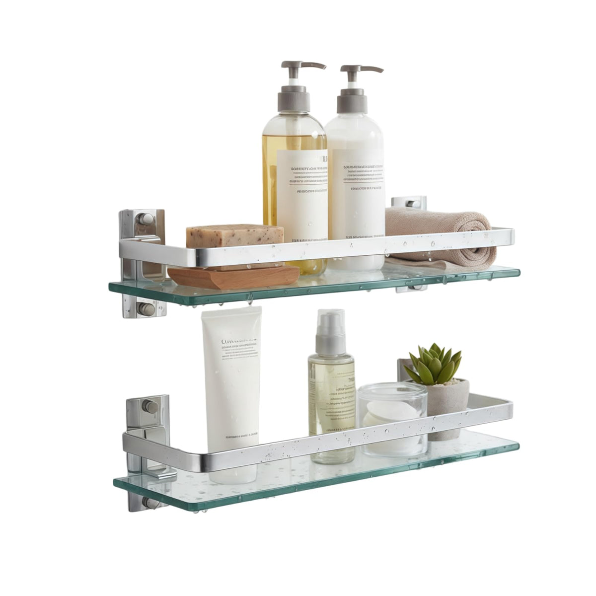 AIJALY 2-pack bathroom glass shelf mounted in silver for bathroom organization.