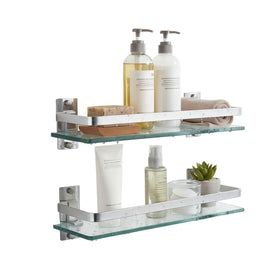 AIJALY 2-pack bathroom glass shelf mounted in silver for bathroom organization.