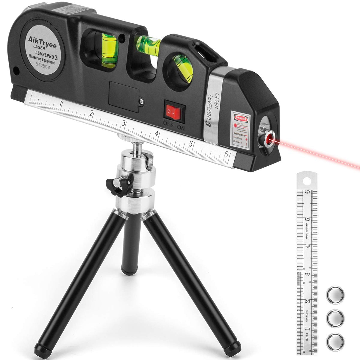 AikTryee laser level tool front view with bright horizontal line for shelf mounting
