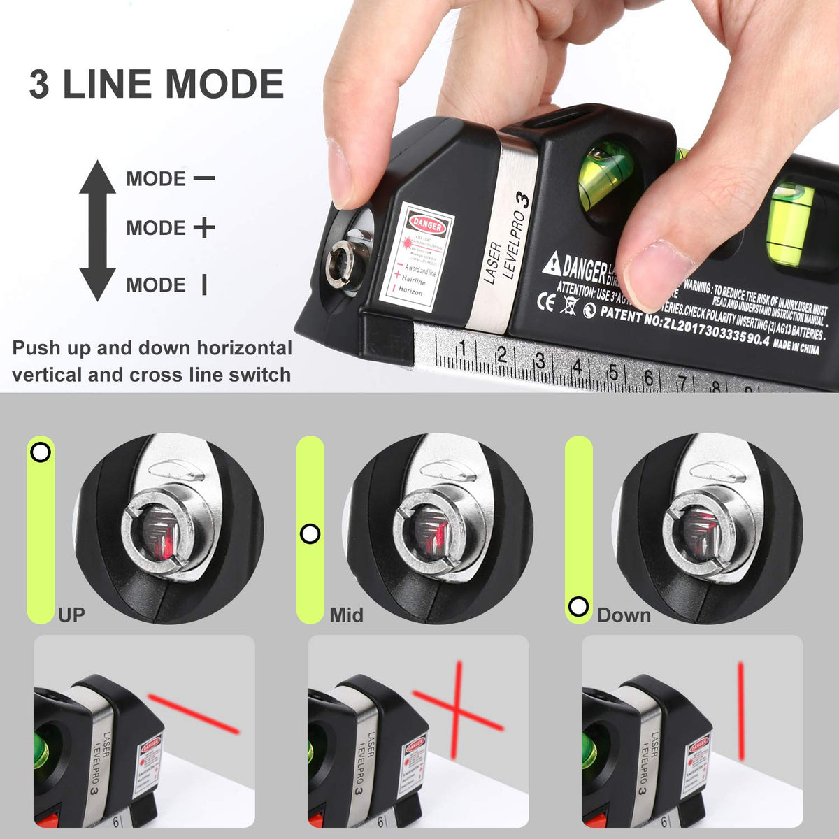 AikTryee laser level tool side view showing vertical line alignment for cabinets