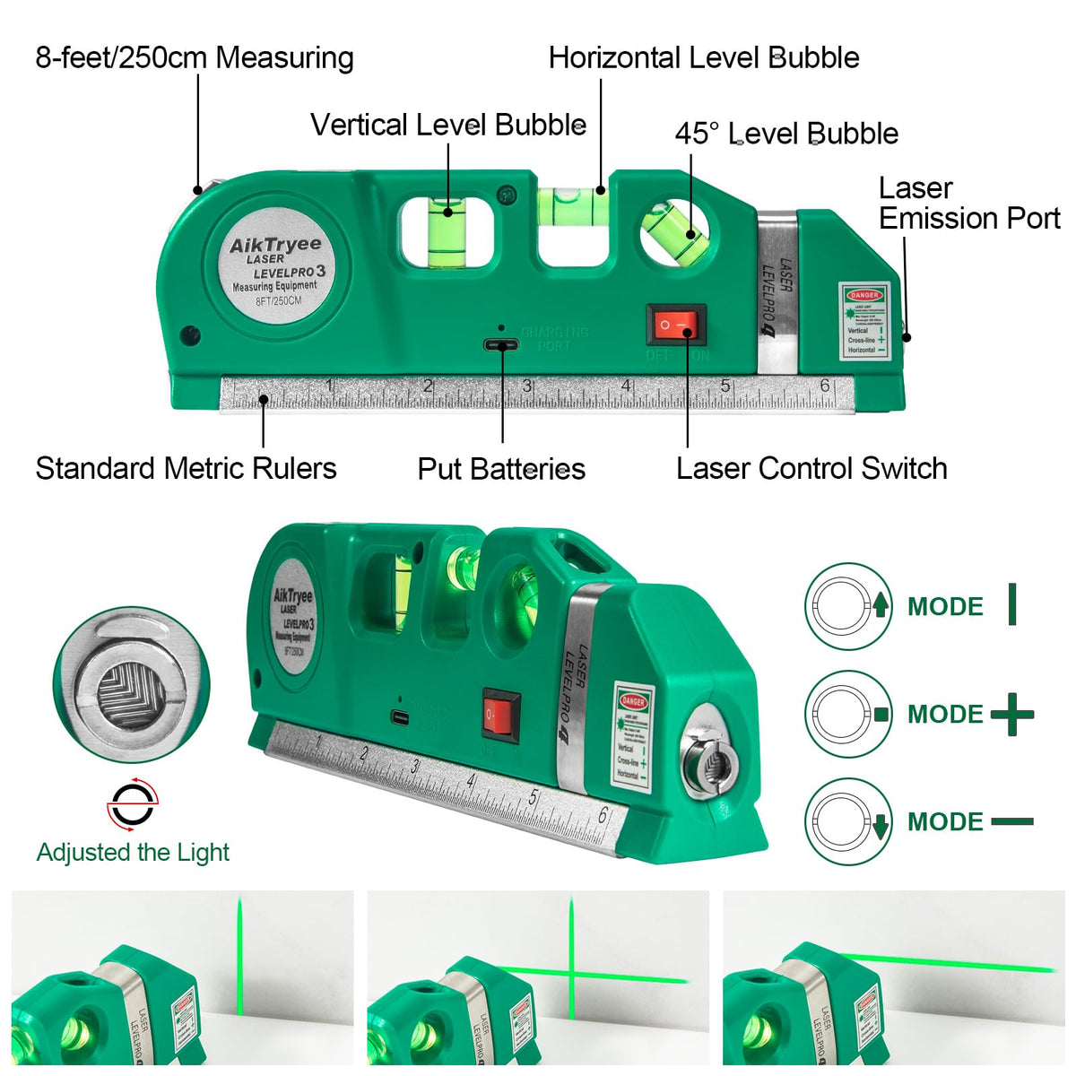 AikTryee laser displays 0°, 90°, and 45° angles for accurate alignment
