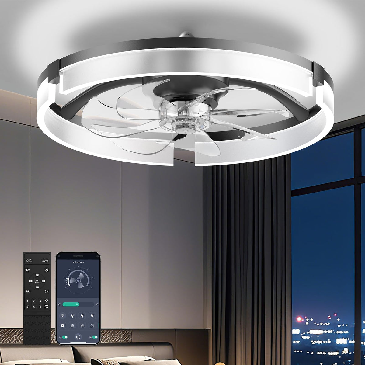 AIKVSXER 20-inch ceiling fan light close-up showing adjustable ambient lighting.